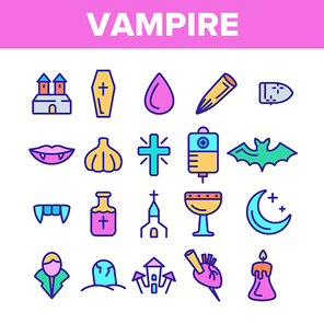 Color Protection From Vampire Vector Linear Icons Set. Weapons Vampire Hunter Outline Cliparts. Halloween Decoration Pictograms Collection. Garlic, Silver Bullets, Aspen Stake, Cross Illustration