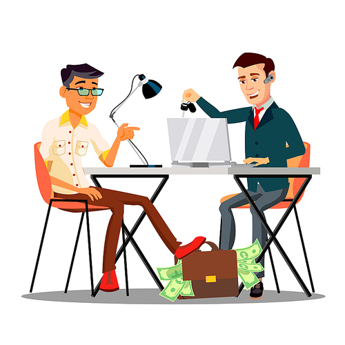 Happy Character Dealer Sold Car Customer Vector. Smiling Man Giving Bag With Money To Dealer And Take Keys From Automobile. Seller Dealership Agent Contract Agreement Flat Cartoon Illustration