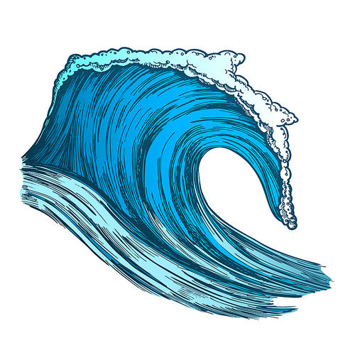 Rushing Tropical Ocean Marine Wave Storm Vector. Foamy Water Marine Surge Dangerous Seascape Element Clean Breach. Motion Nature Aquatic Tsunami Color Hand Drawn Illustration