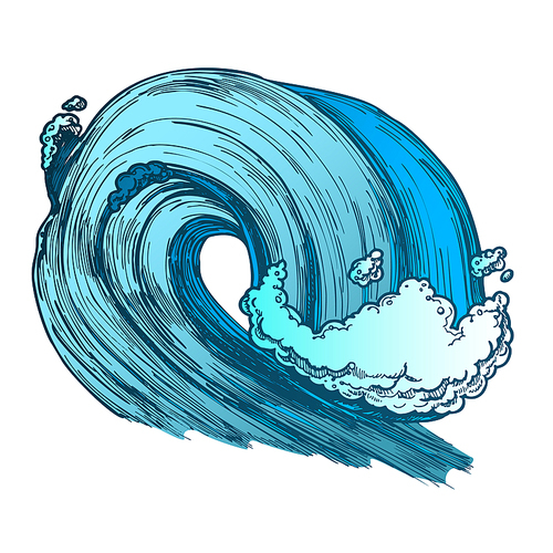 Breaking Tropical Sea Marine Wave Storm Vector. Giant Foamy Water Wave Tunnel For Coastline Extreme Activity Surfing. Motion Nature Aquatic Tsunami Color Hand Drawn Illustration