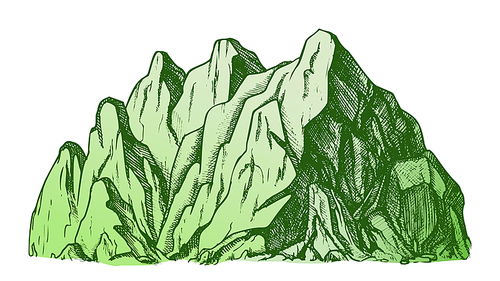 High Mountain Crag Landscape Hand Drawn Vector. Mountain Place For Advertising Extreme Ski Sport Resort Or Holiday In Camping Concept. Designed In Vintage Style Template Color Illustration