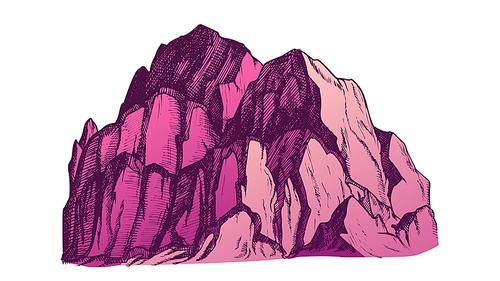 Peak Of Rocky Mountain Landscape Vintage Vector. Mountain Large Landform Rises Above Surrounding Land In Limited Area. Pencil Designed Slope Clift Template Color Illustration