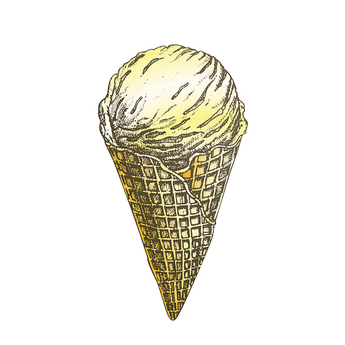 Color Ice Cream Scoop In Waffle Cone Hand Drawn . Delicious Sweet Cool Dessert Ice Cream Gelato Cornet Concept. Refreshing Dairy Soft Tasty Summer Food Designed Template Illustration