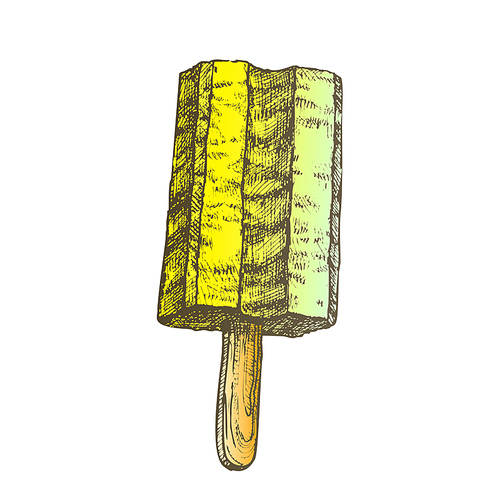 Color Vanilla Dairy Ice Cream On Stick Monochrome Vector. Frozen Stick Confection Dessert Concept. Cold Delicious Refreshing Product Hand Drawn In Retro Style Template Illustration