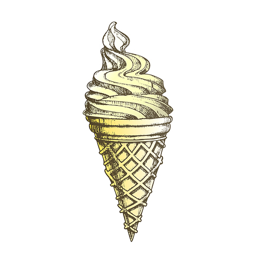 Color Ice Cream In Waffle Cornet Snow Cone Ink Vector. Whipped Milk Cold Gelato Sweet Dessert Ice Cream Concept. Refreshing Natural Dairy Tasty Snack Designed Template Illustration