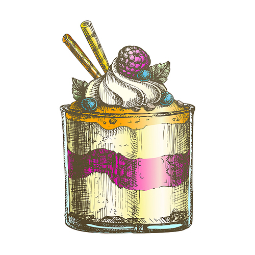 Color Glass Tasty Creamy Sweet Dessert Hand Drawn Vector. Delicious Dessert With Wafer Rolls, Blackberry And Blueberry, Raspberry And Mint Leaves On Cream. Designed Template Illustration