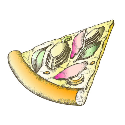 Color Delicious Freshness Slice Pizza Hand Drawn Vector. Cooked Slice Cheese Pizza With Ingredients Jamon And Artichoke, Basil Leaves And Olive Concept. Designed Pizzeria Food Illustration