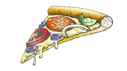 Color Delicious Italian Slice Pizza Hand Drawn Vector. Cooked Slice Cheese Pizza With Ingredients Pepperoni Sausage And Tomato, Onion And Olives Concept. Designed Restaurant Food Illustration