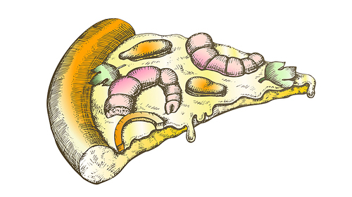 Color Seafood Italian Slice Pizza Hand Drawn Vector. Cooked Slice Cheese Pizza With Ingredients Shrimp Prawn And Mussels, Onion And Leaves Parsley Concept. Designed Restaurant Food Illustration