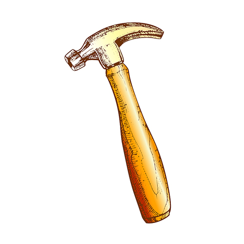 Builder Woodworker Tool Vintage Hammer Vector. Hammer Repair Hand Hardware Instrument. Carpentry Handicraft Equipment Ink Hand Drawn In Retro Style Color Illustration