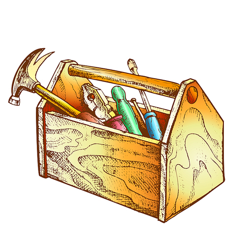 Vintage Wooden Toolbox With Old Instrument Vector. Hammer Screwdriver Pliers Woodworking Repairing Equipment In Toolbox. Black And White Hand Drawn In Retro Style Color Illustration
