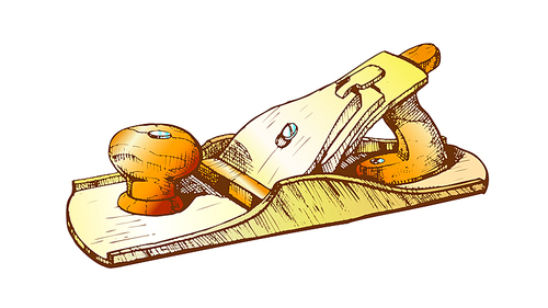 Jack-plane Hand Industry Instrument Closeup Vector. Jack-plane Equipment For Wood Processing And Manufacture Furniture. Carpenter Craft Tool Drawn In Vintage Style Color Illustration