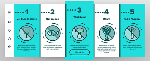 allergen free food vector onboarding mobile app page screen. no allergen labelling,  and organic products outline symbols pack. ingredients without gmo, seafood, peanuts, alcohol illustrations
