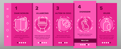 Hygiene, Cleaning Onboarding Mobile App Page Screen Vector Set. Sanitary, Personal Hygiene. Bathroom, Toilet Items. Washing Hands, Shower, Hygienic Procedures. Body Care Products Symbols