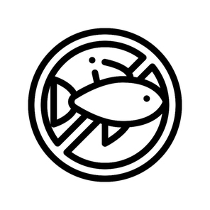 Allergen Free Sign Seafood Vector Thin Line Icon. Allergen Free Sea Food Linear Pictogram. Crossed Out Mark With Seafood Sardine Scomber Healthy Produce. Black And White Contour Illustration
