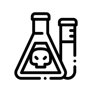 Flask With Chemical Liquid Vector Thin Line Icon. Chemical Toxic Poison In Container Environmental Pollution, Radiological Contamination Linear Pictogram. Contour Illustration