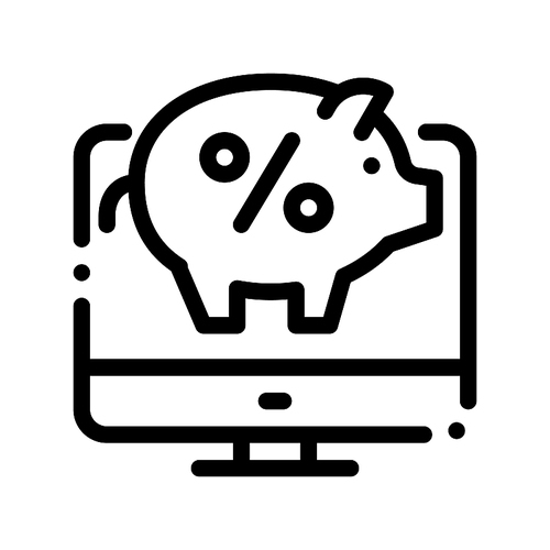 Computer Internet Deposit Vector Thin Line Icon. Online Transactions, Secure Financial Internet Banking Payment Operation Linear Pictogram. Moneybox Percent Pig Contour Illustration