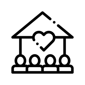 Volunteers Support House Vector Thin Line Icon. Volunteers Support, Charitable Organizations Linear Pictogram. Heart On Building, People Silhouette Blood Donor Contour Illustration