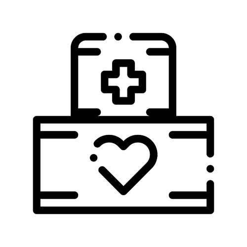 Volunteers Support Medikit Vector Thin Line Icon. Volunteers Support, Help Charitable Organizations, Heart On Package With Medicine Box Linear Pictogram. Contour Illustration