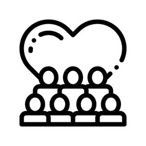 Volunteers Support Love Vector Thin Line Icon. Volunteers Support, Charitable Organizations Linear Pictogram. Heart On Building, People Silhouette And Blood Donor Contour Illustration