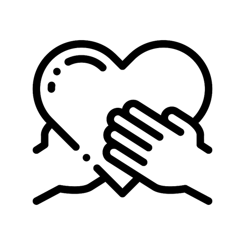 Volunteers Support Hand Hold Vector Thin Line Icon. Volunteers Support, Charitable Organizations, Two Arm Keeping Heart Linear Pictogram. Big Blood Donor Contour Illustration