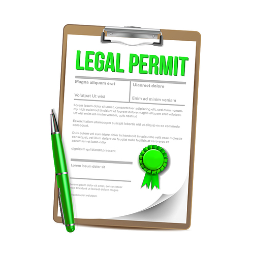 List Of Paper With Legal Permit Clipboard Vector. Colorful Design Template Approved Permit Certificate Document With Approved Stamp On Tablet And Pen. Authorization Realistic 3d Illustration