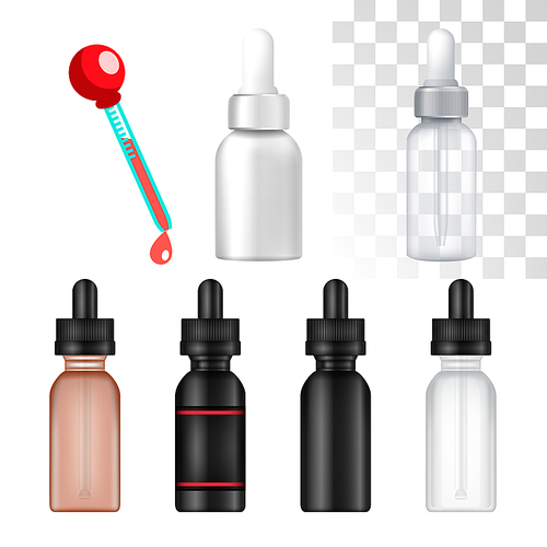 Glass Of Bottle And Pipette With Liquid Set Vector. Collection Of Blank Plastic Medical Or For Cosmetic Packaging And Pipette With Red Drop. Mockup Container Realistic 3d Illustration