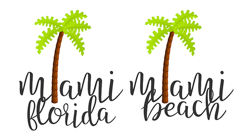 Modern Calligraphy Word Miami Creative Vector. Stylish Typography Inscription With Different Handwritten Miami Beach Florida Decorated Cartoon With Palm Tree Banner. Text Flat Illustration