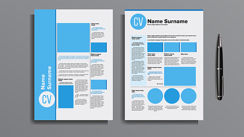 Professional Cv Resume Template Design Vector. Pen And Bright Beautiful Letterhead Of Cv For Personal Information Of Person Searching Looking Job. Cover Letter Realistic 3d Illustration