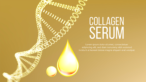 Collagen Serum Molecule And Drop Banner Vector. Bright Poster With Molecule And Golden Essential Oil Bubble Hyaluronic Acid For Skin Care. Cosmetic Advertising Realistic 3d Illustration