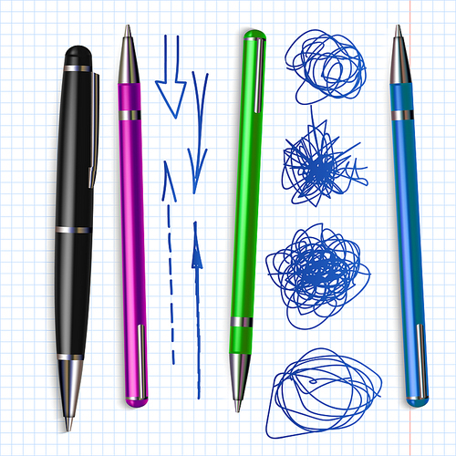 Ballpoint Pen And Hand Drawn Doodle Set Vector. Collection Of Different Color Bright Ballpoint And Sketch Scribble With Arrow Line. Ink Grunge And Writing Equipment Realistic 3d Illustration