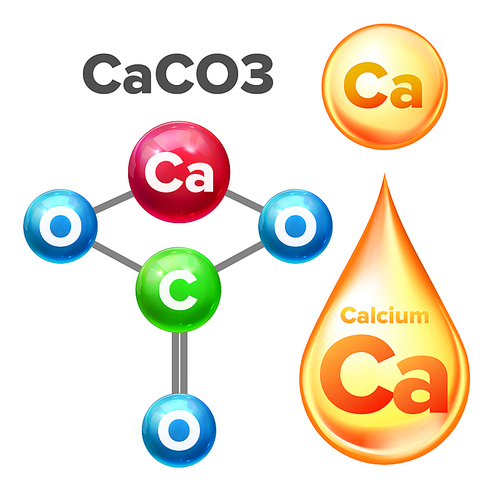 Molecular Structure Calcium Carbonate Caco3 Vector. Calcium Mineral Yellow Golden Drop Vitamin Liquid Substance For Helathy Cosmetic And Beauty. Chemical Element Realistic 3d Illustration