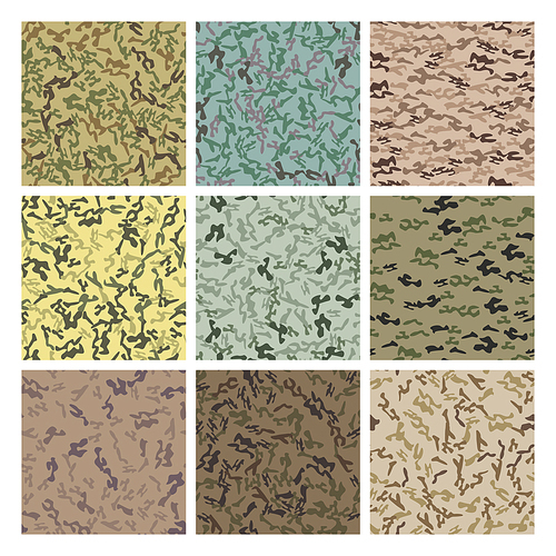 Style Camouflage Khaki Seamless Pattern Set Vector. Collection Of Colorful Bright Design Camo Khaki Texture. Trendy Style For Military Army And Hunting. Repeat Print Flat Illustration
