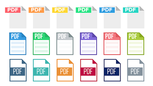 Icon Collection Of Pdf Document File Set Vector. Concept With Different Color And Design Of Pdf Type Extension With Label Sign Symbol Information Format. Universal Template Flat Illustration