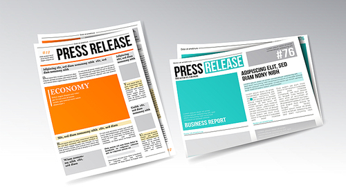 Newspaper Press Release With Headline Set Vector. Colorful Bright Design Template Of Release Daily Information And Article. Printed Breaking News Publication Realistic 3d Illustration