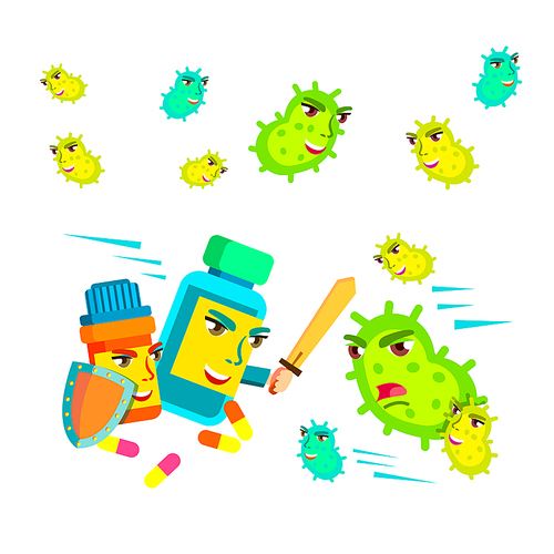 Collection Of Fungus Microbe And Pills Set Vector. Antibacterial Drugs With Shield And Sword Fighting With Fungus Bacteria Infection. Healthcare And Protection Flat Cartoon Illustration