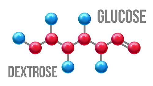 Glucose Dextrose Structure Molecular Model Vector. Color Glossy Blue And Red Atom Spheres Compound Element Of Glucose Mockup. Formula Of Chemistry Science Realistic 3d Illustration