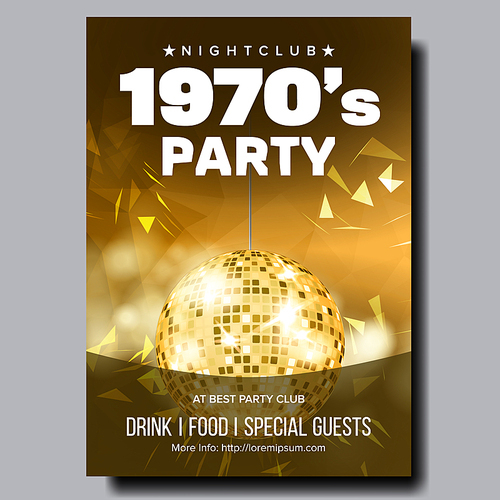 Colorful 1970 Party In Nightclub Banner Vector. Bright Poster Invitation With Disco Sphere In Club For Dancing And Listening Music Of One Thousand Nine Hundred Seventy. Flat Cartoon Illustration