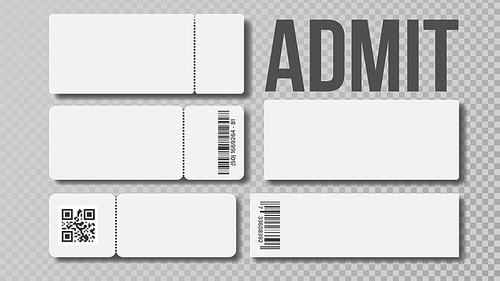 Design Blank Template Of Admit Ticket Set Vector. Cinema Movie Or Theater, Football Or Basketball, Volleyball Or Tennis Admit For Watch Championship Match. Monochrome Realistic 3d Illustration