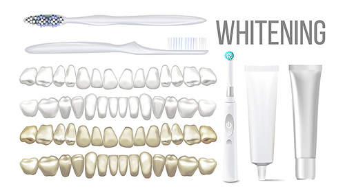 Brush Whitening Clear Teeth Equipment Set Vector. Collection Of Whitening Items Blank Toothpaste Tube, Electric And Classical Toothbrush. Dental Healthcare And Hygiene Realistic 3d Illustration