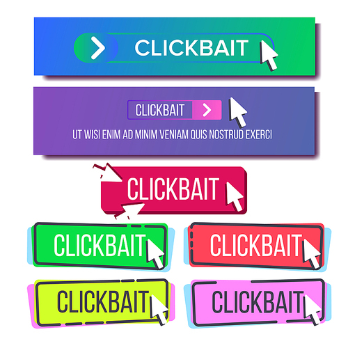 Collection Of Bright Button Clickbait Set Vector. Different Bright Design Trendy Detail For Web Interface Or Gradient Mobile App Clickbait With Mouse Cursor. Stylish Modern Template Flat Illustration