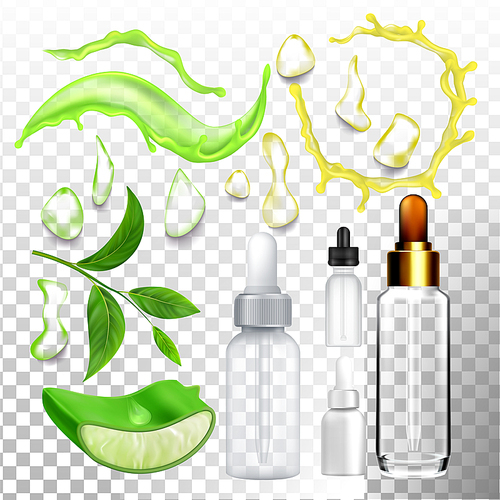 Aloe Drop Essence And Empty Bottle Set Vector. Blank Container For Liquid With Pipette, Plant Leaf Element And Essence. Vitamin Gel For Skin On Transparency Grid Background. Realistic 3d Illustration