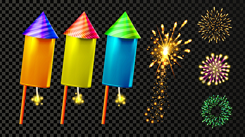 Firecracker And Festive Firework Light Set Vector. Collection Of Colorful Firecracker, Rocket Petard And Stars Bright Decoration. New Year Or Birthday Celebration Carnival Realistic 3d Illustration