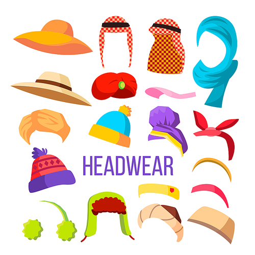 Multicultural And Season Headwear Hat Set Vector. Collection Of Different Headwear Prayer Cap, Knit Cap And Turban, Cartwheel And Panama. Accessories For Boy And Girl. Flat Cartoon Illustration