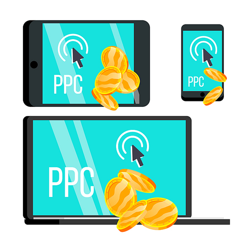 Ppc Pay Per Click Device And Coins Set Vector. Metallic Golden Money And Mouse Cursor Depicted On Display Screen Of Laptop, Smartphone And Tablet. Digital Technology Flat Cartoon Illusration