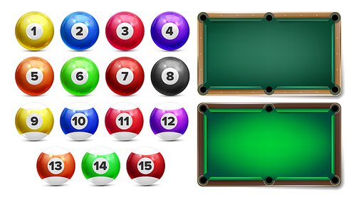 Billiard Balls With Numbers And Table Set Vector. Colorful Glossy Collection Of Billiard Pool Sphere With Reflection And Playing Place. Gambling Equipment Of Entertainment Realistic 3d Illustration