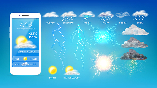 Online Weather Widget On Smartphone Screen Vector. Sunny And Partly Cloudy, Sleet Rain And Storm, Foggy And Snow Depicted On Forecast Widget Mobile Application. Template Realistic 3d Illustration