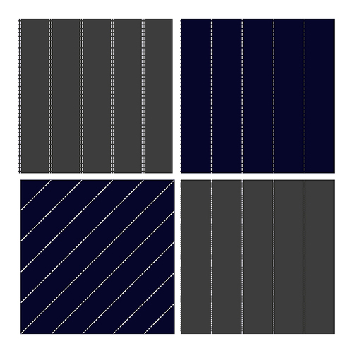 Pinstripe Collection Seamless Pattern Set Vector. Classic Different Grey, Navy Blue and White Dashed Sewing Pinstripe Fabric Textile Material For Clothing. Texture Flat Illustration