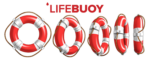 Boat Lifebuoy Ring In Different View Set Vector. Collection Of Red And White Colored Lifebuoy. Classical Ship Equipment Flotation Hoop With Cord For Drowning People In Sea. Realistic 3d Illustration
