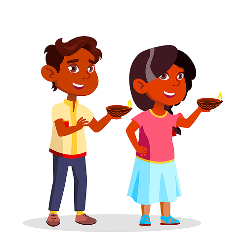 Indian Children In Diwali Festival Lighting Candles Vector Flat Illustration